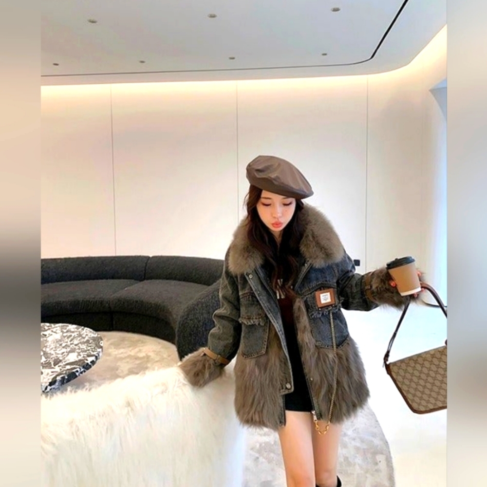 Womens Winter Parka Coat Faux Fox Fur Stitching Denim Cotton Padded Thicken Coat